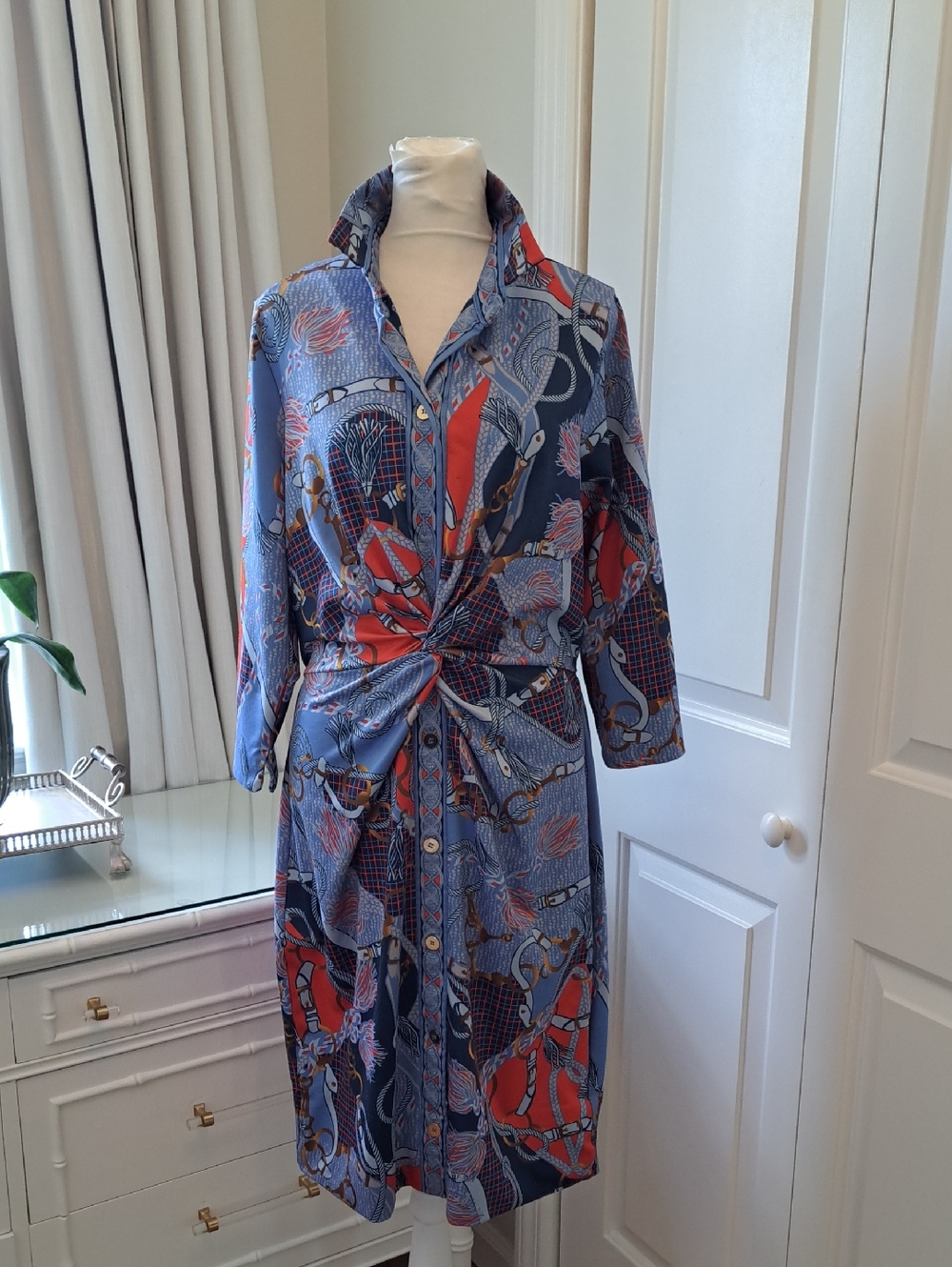 GRETCHEN SCOTT Womens Twist & Shout Preppy Blue/Coral Print Stretch Midi Dress L